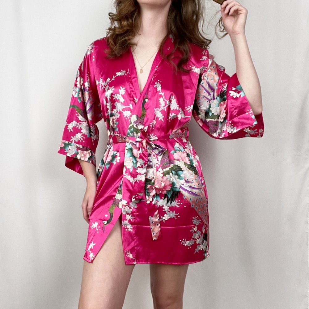 Vintage 100% Silk Kimono Robe Duster Long Jacket Coat Peacock Floral Belted Boho - Picture 2 of 7